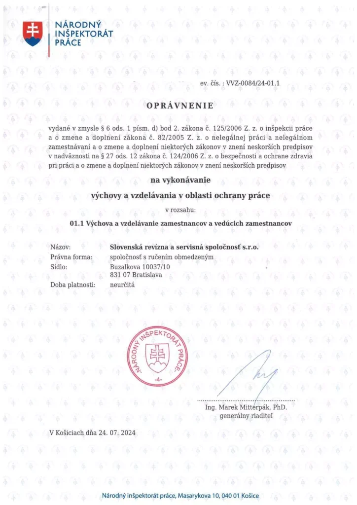 Oprávnenie - certifikát na školenie BOZP